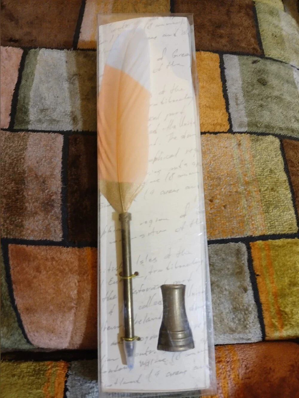 Feather Quill Pen with Metal Holder - Peach and Cream